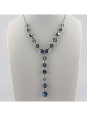 Givenchy Signed Blue Crystal Y Drop Necklace Silver Tone Chain Lariat 18"